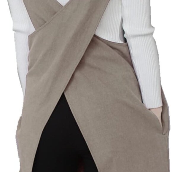 Cotton Linen Japanese Apron Halter Cross Back Bandage X Shape Aprons Two Pockets - Picture 1 of 6
